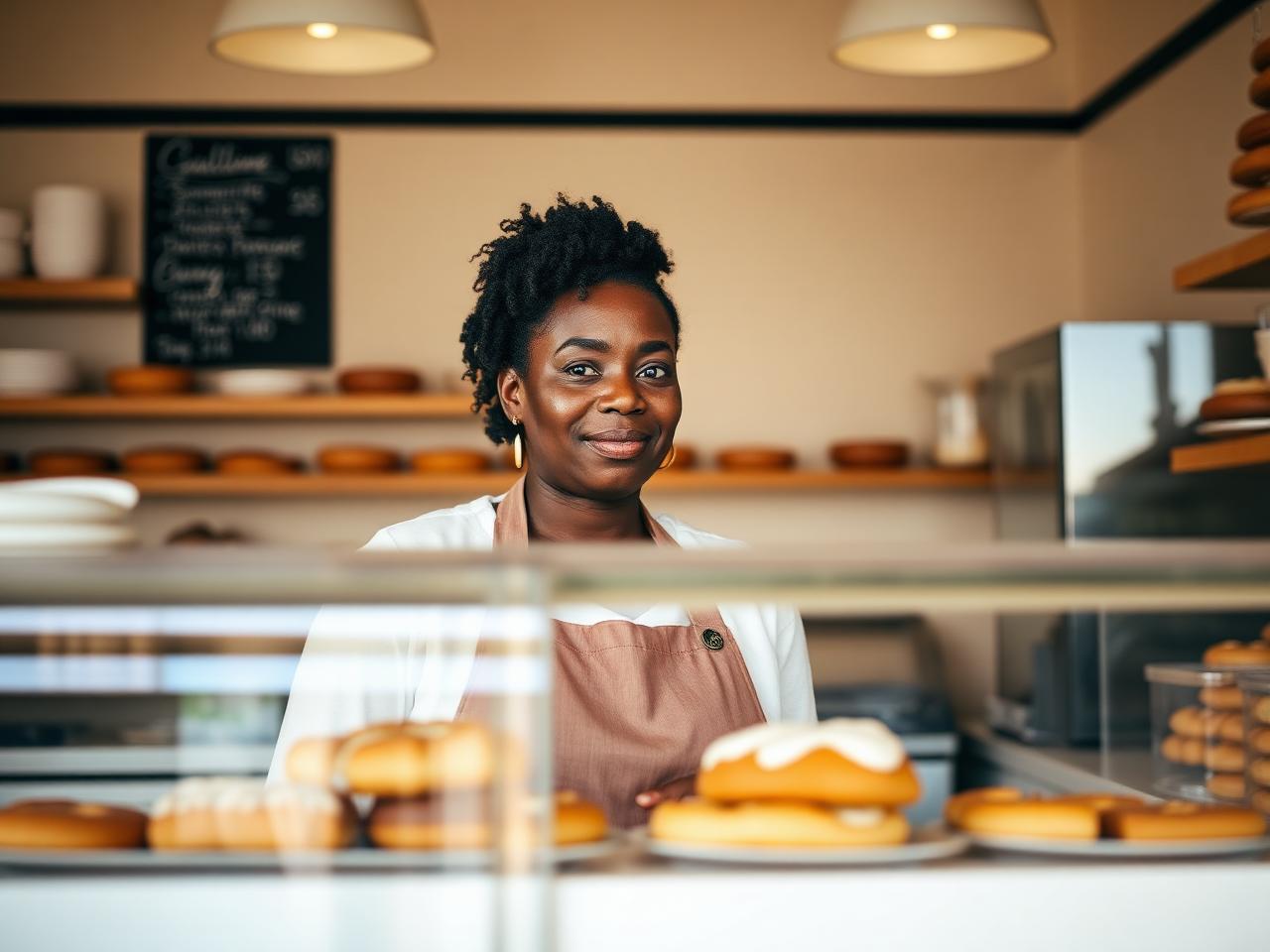 A bakery owner standing behind a counter of pastries