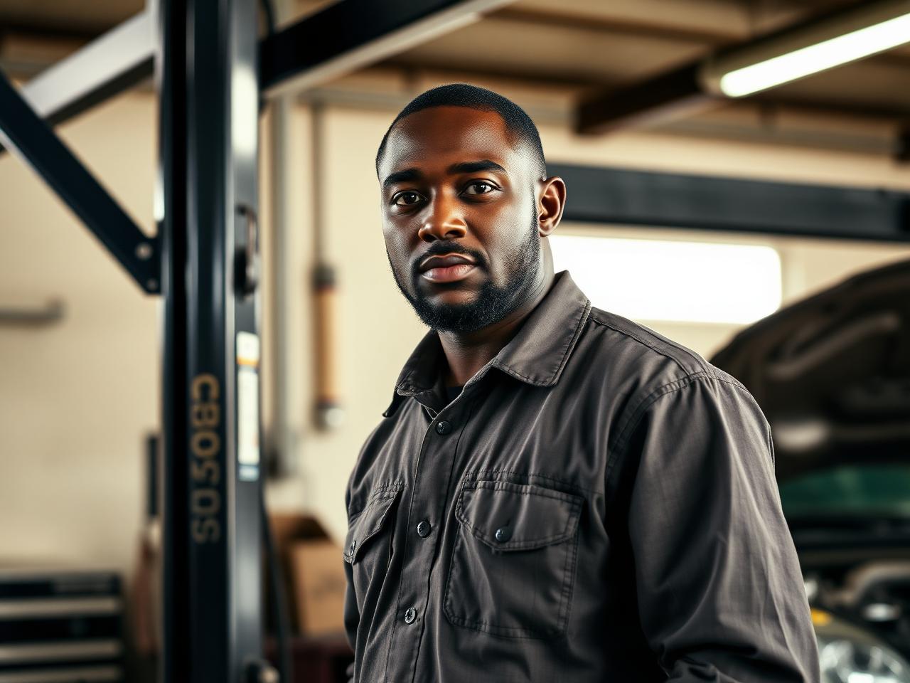 An auto shop owner standing beside a lift in his garage
