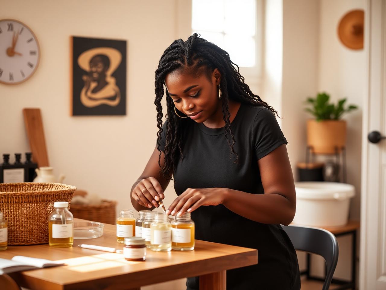 A skincare founder filling product jars at a work table