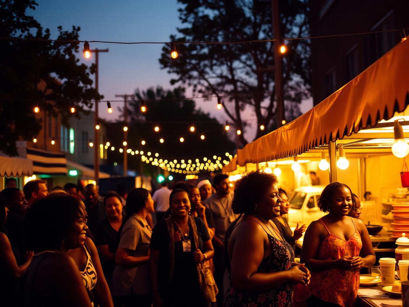 An evening block party with string lights and food stalls
