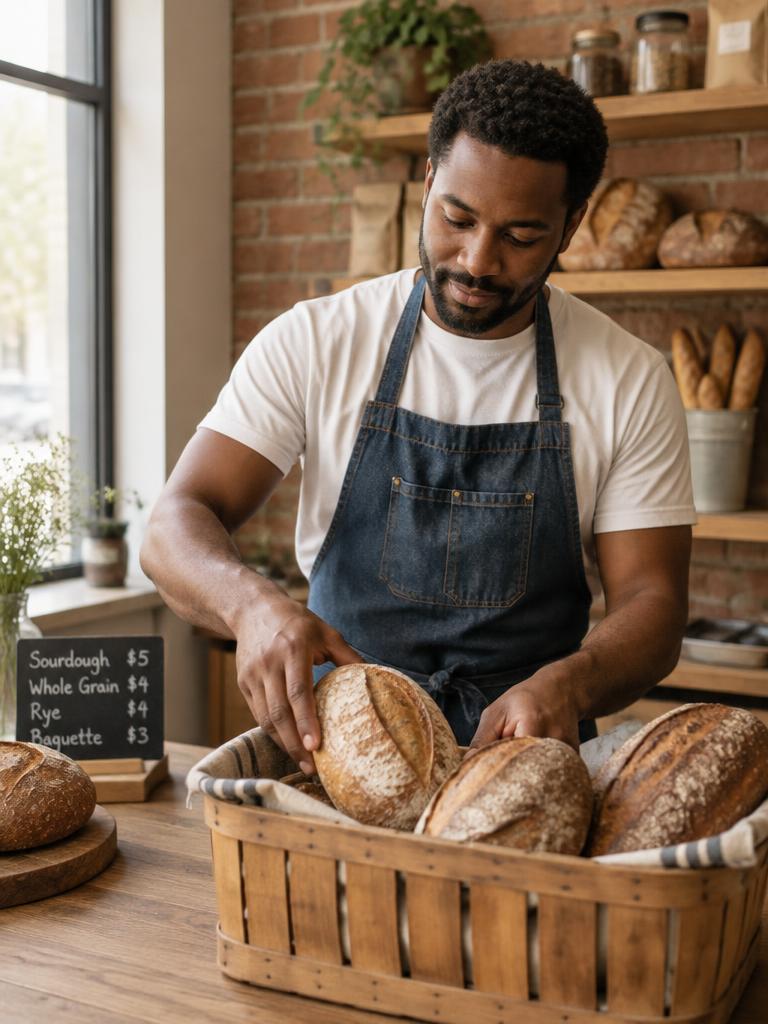 Illustrative scene of a Black bakery owner arranging fresh loaves