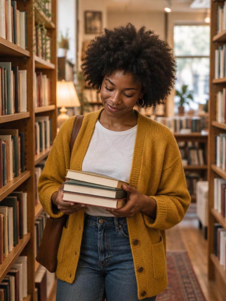 Illustrative scene of a Black bookseller in her bookshop