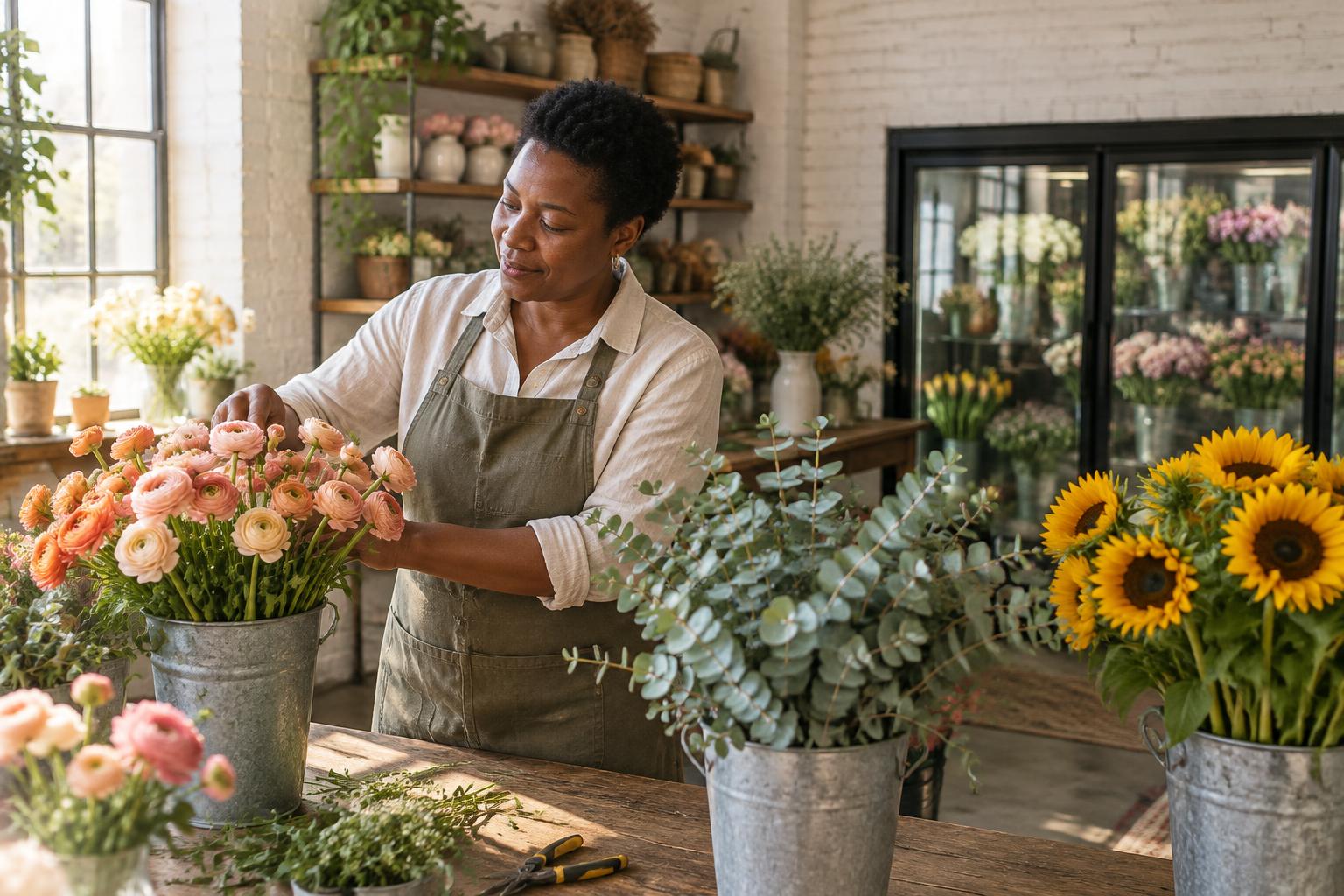 Illustrative scene of a Black florist arranging flowers in her shop