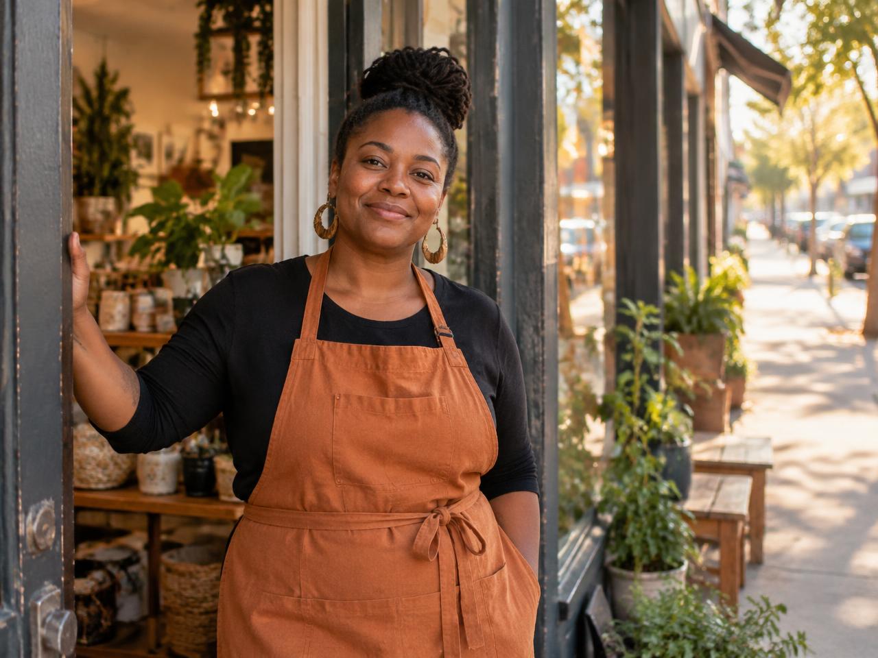 Illustrative scene of a Black business owner at a neighborhood storefront