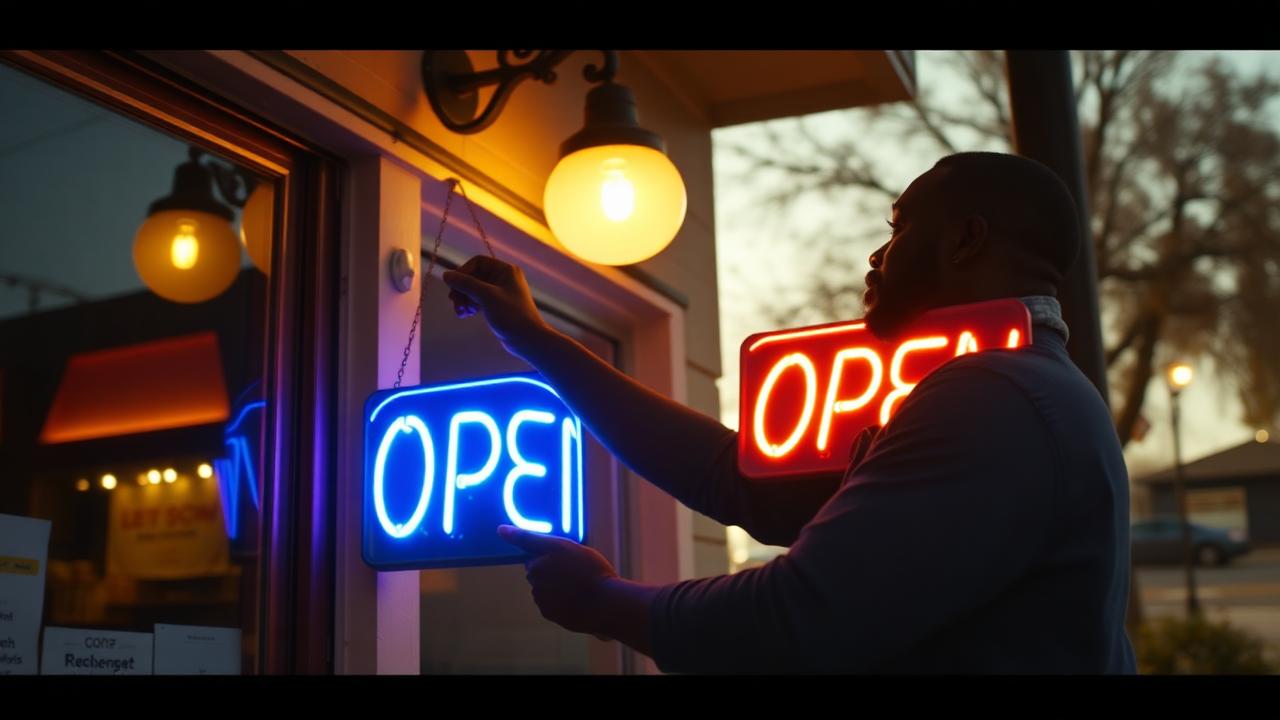 An owner turning the open sign at dawn